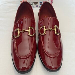 Jeffrey Campbell Cherry Red Patent Loafers with Gold Buckles